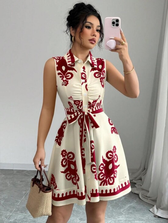 Just Jen Dresses & Skirts - Sleeveless Cream Dress with Red Floral Print and Tie Waist - Full & Plus Sizes